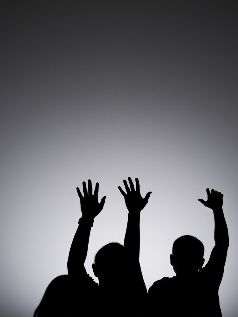 Create a high-quality image of four silhouetted figures with their hands raised against a gradient gray background, using a DSLR camera at f/8 aperture, ISO 200, 50mm lens, and a slight overhead angle for depth.