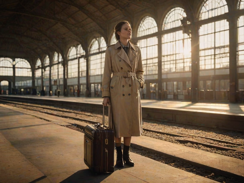Old train station at sunrise, light filtering through the station's tall windows, a woman in a trench coat stands on the platform, suitcase by her side, waiting for the first train of the day.