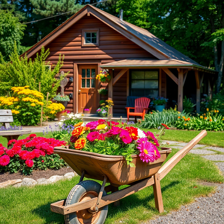 Create a vibrant outdoor scene featuring a wooden cottage surrounded by lush greenery and colorful flower beds, with a rustic wheelbarrow filled with vibrant flowers in the foreground, captured with a DSLR camera at f/8 aperture, 1/200 shutter speed, ISO 100, wide-angle lens, in bright daylight for enhanced colors and details.