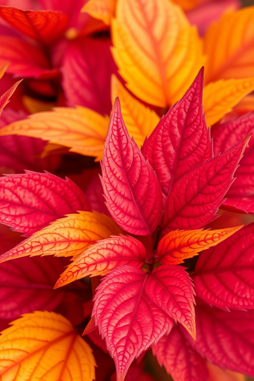 capture a vibrant close-up of red and yellow leaf foliage with intricate patterns using a DSLR camera, 50mm lens, f/2.8 aperture, ISO 100, and natural lighting to enhance color saturation and detail
