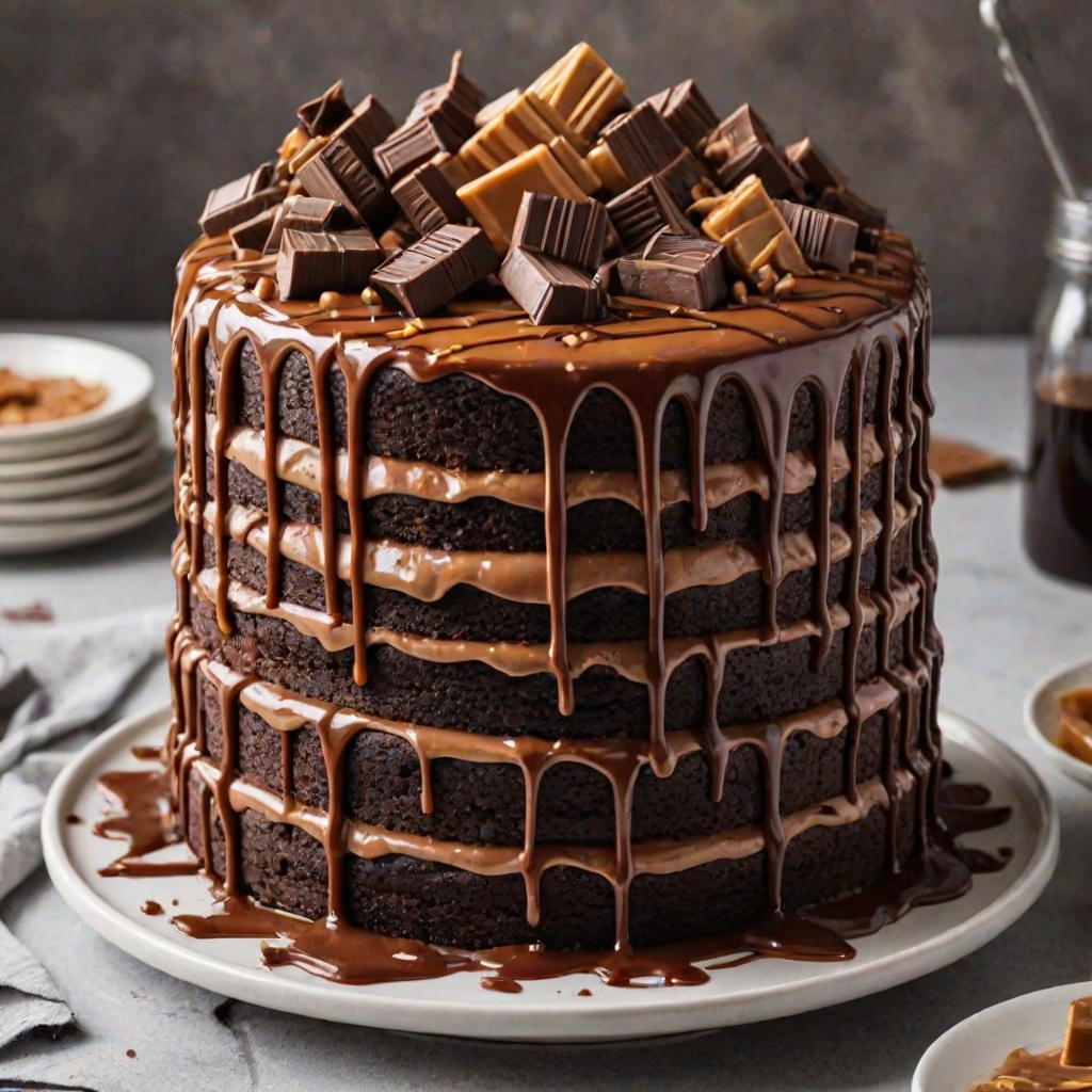 Create an image of a multi-layered chocolate cake with a rich frosting, topped with chocolate bars and drizzled caramel. The cake should be sliced to reveal its moist layers, and it should be displayed on a white cake stand with a simple background.