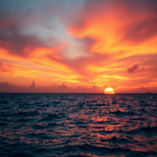 A high-resolution close-up image of a sunset over a calm ocean, with vibrant oranges, pinks, and purples in the sky, captured using a Canon EOS R5, 50mm lens, f/1.8 aperture, ISO 100, with a soft-focus background for depth.
