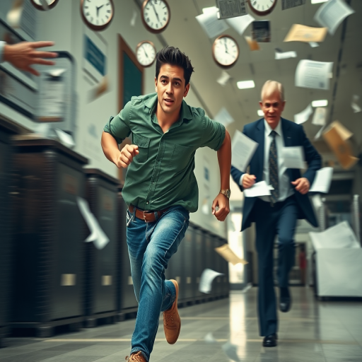 A dynamic scene depicting a young man in a green shirt and jeans running with determination while an older man in a suit follows closely behind, surrounded by flying clocks and paperwork, shot with a Canon EOS R5, 50mm lens, f/1.4 aperture, ISO 100, at a low angle and high shutter speed for motion blur effects.
