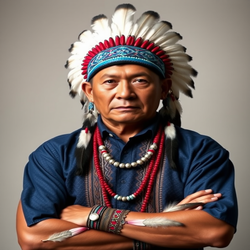 Create a dignified portrait of a Native American man dressed in traditional attire. He wears a beautifully crafted headdress adorned with white feathers and red beads, along with a beaded headband featuring intricate patterns. His clothing includes a deep blue, patterned shirt and a traditional chest piece with detailed beadwork. His arms are crossed, displaying leather armbands decorated with feathers. The background is simple and neutral, emphasizing his proud and stoic expression. The overall image captures the rich cultural heritage and strength of his persona.