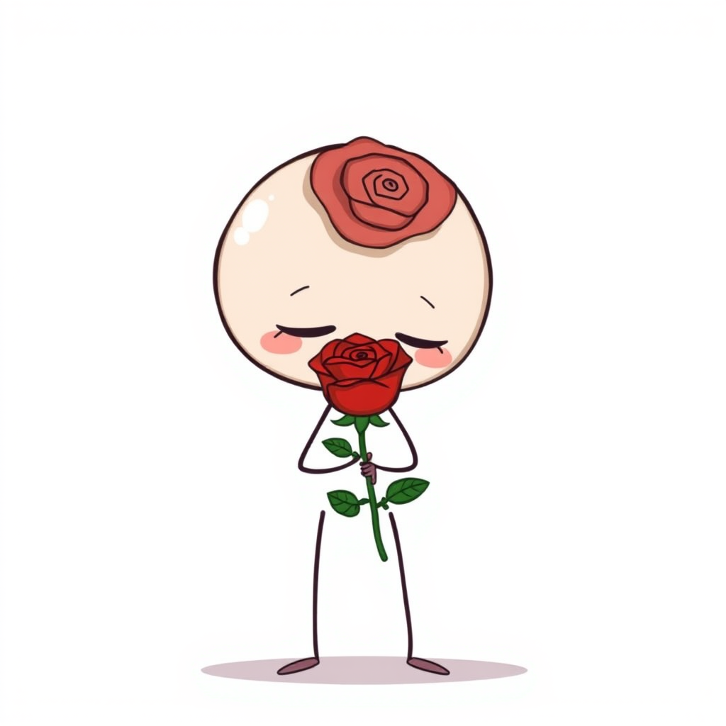 A simple cartoon character with an oversized round head and thin limbs holding a red rose with a shy expression on its face against a plain white background.