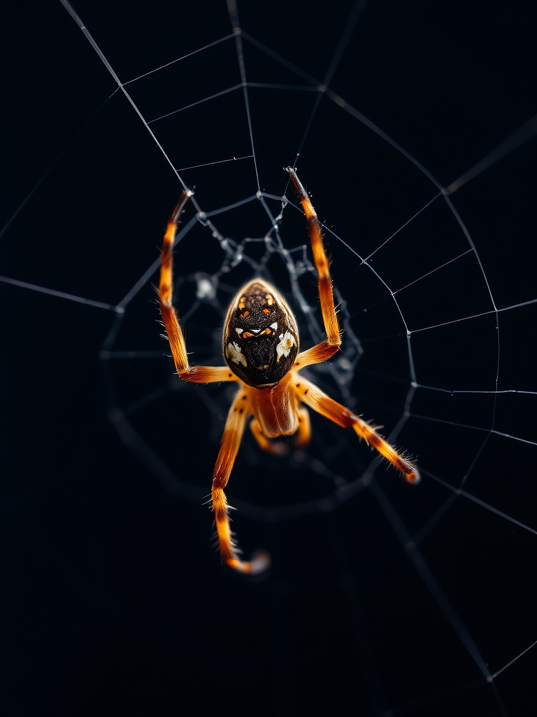 macro photography of a brown spider on its web with high contrast lighting, 100mm macro lens, aperture f/2.8, ISO 200, shutter speed 1/250, focused on the spider with a blurred dark background, dslr camera