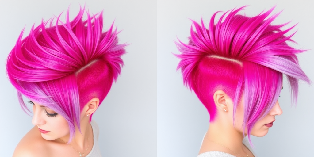 Bold magenta mohawk fading into soft lilac ends, styled in a voluminous quiff, radiating confidence and creativity, christened "Fuchsia Phoenix"