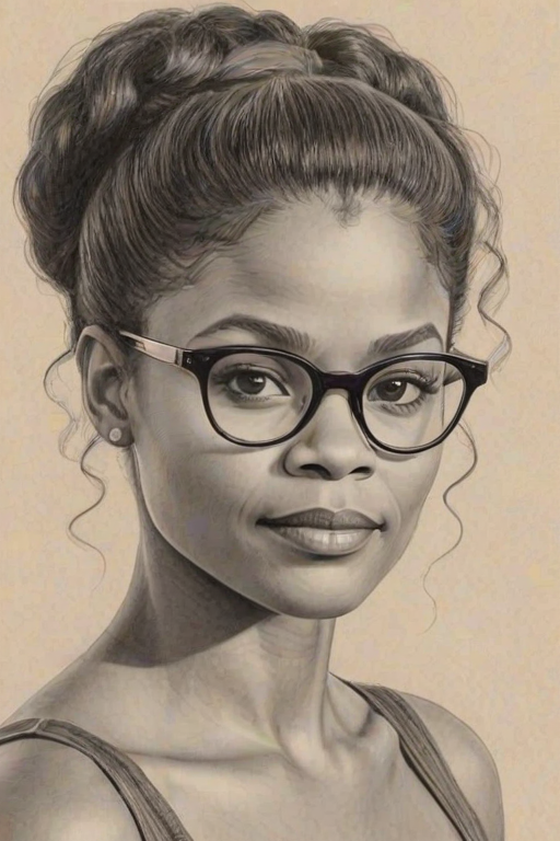 Dazzling Kimberly Elise, pencil sketch, portrait of Comely woman 1946s in glasses, hair style beatnik, outline, clear lines, fine lines, 8k