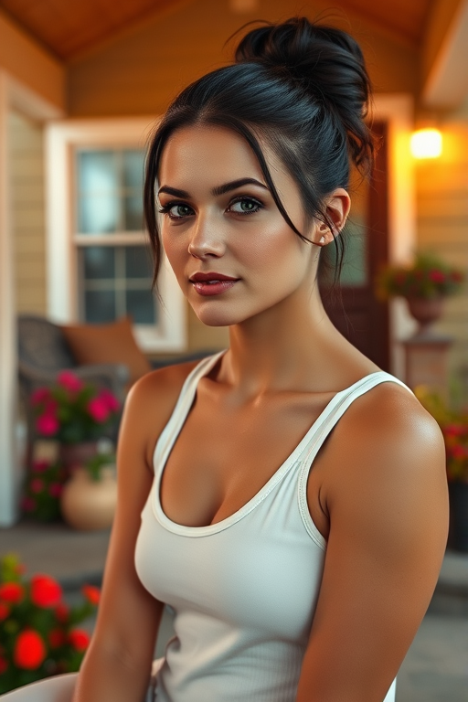 A photo of Mila Kunis with a background of a cozy porch. She has dark hair pulled back in an updo, with tendrils framing her face. She wears a white tank top and sits on the porch. The porch is part of a well-lit home with a warm, earthy tone and colorful flowers and foliage. The overall scene has a warm, welcoming, and comfortable ambiance.