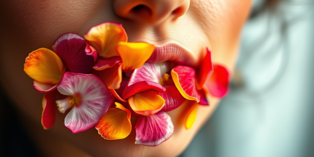 Close-up portrait of a woman's lips covered in floral petals, vibrant colors, soft focus background, f/2.8 aperture, 50mm lens, ISO 100, natural light, macro photography.