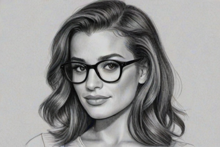 Graceful Lea Michele, pencil sketch, portrait of Fascinating woman 1934s in glasses, hair style beatnik, outline, clear lines, fine lines, 8k