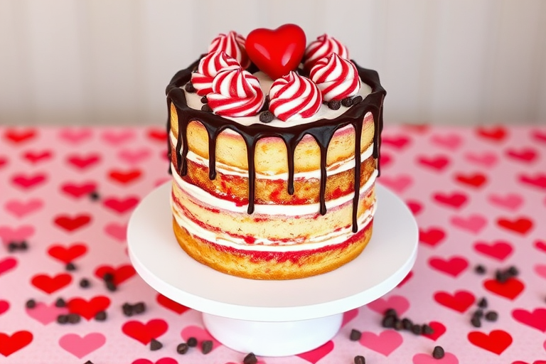 A beautifully decorated three-layer cake with red and white frosting, topped with swirls of red icing and chocolate drizzle, sitting on a white cake stand, surrounded by a red heart-patterned tablecloth and scattered chocolate chips.
