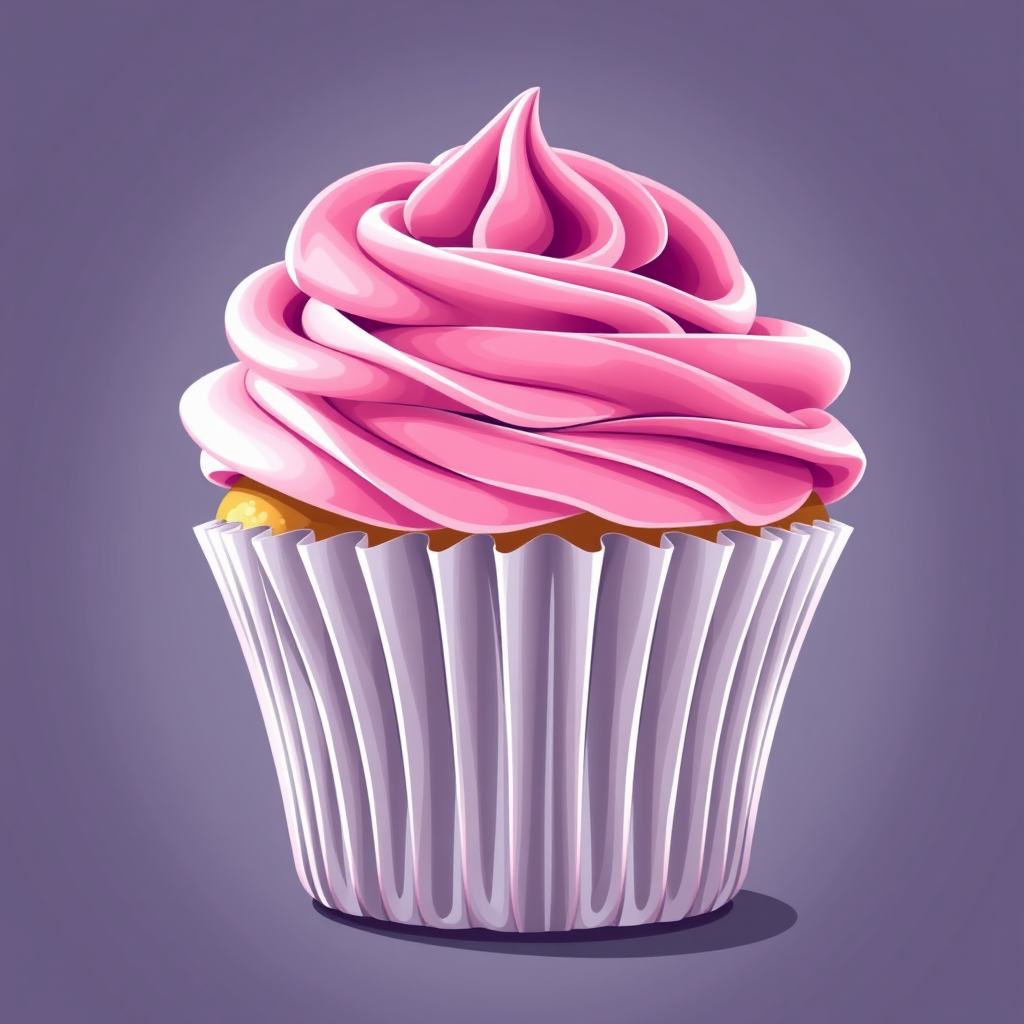 Create a highly detailed illustration of a cupcake with pink swirled frosting, soft lighting, shallow depth of field, captured with a DSLR camera at f/2.8, 50mm lens, high-resolution settings.