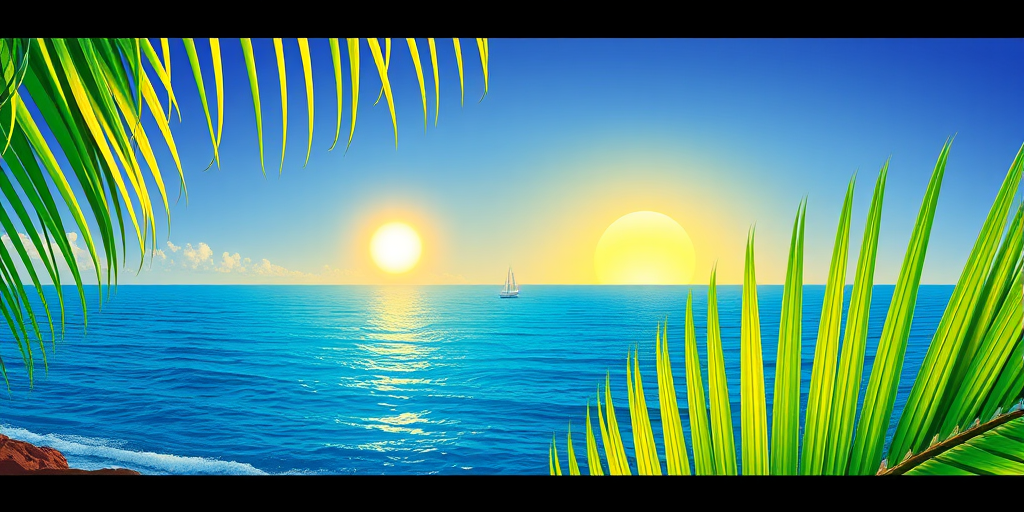 Create a digital illustration of a serene seascape with a bright yellow sun, a small boat in the distance on a calm blue ocean, and a stylized green palm frond in the foreground, captured with a DSLR camera at f/8 aperture, a shutter speed of 1/100s, ISO 200, using a wide-angle lens for a panoramic view.