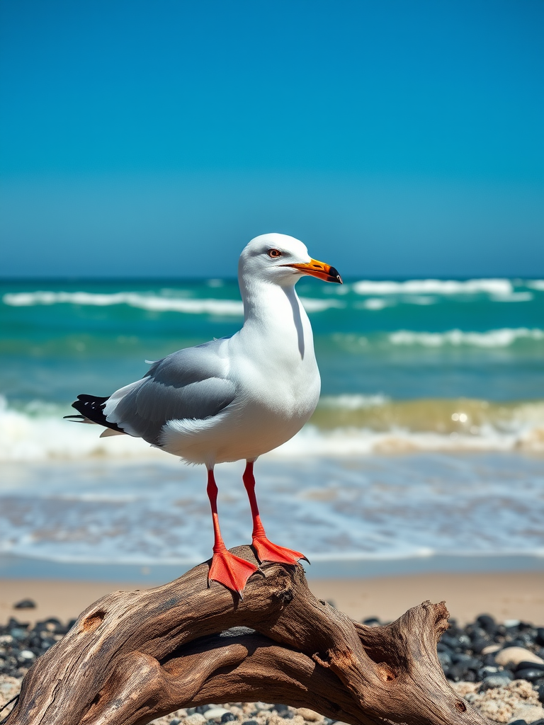 Generate a hyper-realistic image of a seagull standing on driftwood by a pristine beach, with turquoise waves gently rolling in under a clear blue sky, using a Canon EOS R5 camera with a 50mm lens, aperture set to f/1.8, ISO 100, and natural lighting, focusing on vibrant colors and fine details in the feathers and shoreline.