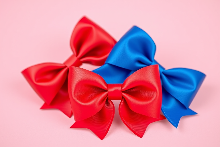 Create a high-resolution image of two vibrant bows, one red and one blue, placed side by side against a soft pastel background, using a DSLR camera with a 50mm lens, aperture f/2.8, ISO 100, natural lighting, and a shallow depth of field for enhanced clarity and detail.