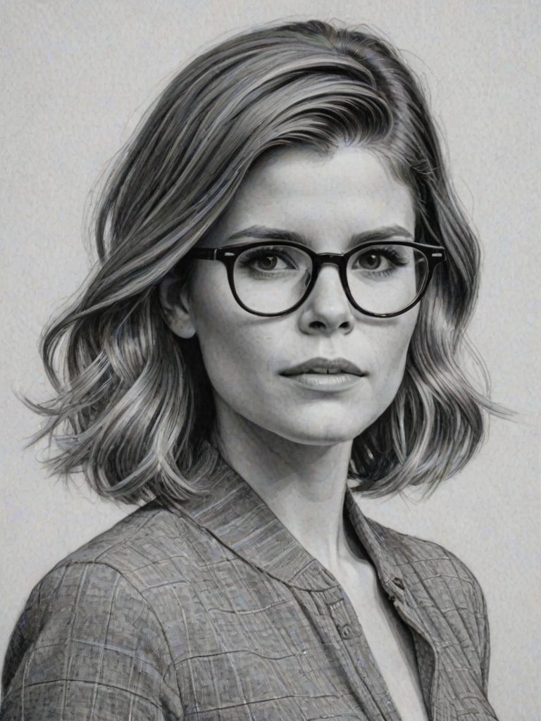 Fascinating Kate Mara, pencil sketch, portrait of Captivating woman 1957s in glasses, hair style beatnik, outline, clear lines, fine lines, 8k