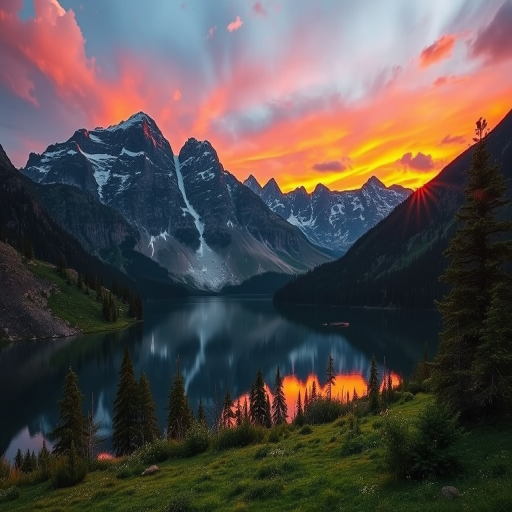 Create an image of a tranquil mountain landscape during sunset with vibrant colors reflecting off a serene lake in the foreground, using a Canon EOS R5, f/11 aperture, 1/125 sec shutter speed, ISO 200, wide-angle lens at 16mm, capturing a high dynamic range with a focus on both foreground and background details.