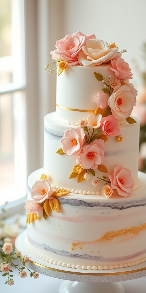 A beautifully decorated three-tier cake with intricate floral sugar decorations in soft pastels and gold accents, captured in soft natural light, using a 50mm lens, f/2.8 aperture, 1/60 shutter speed, in a cozy studio setting with a shallow depth of field.