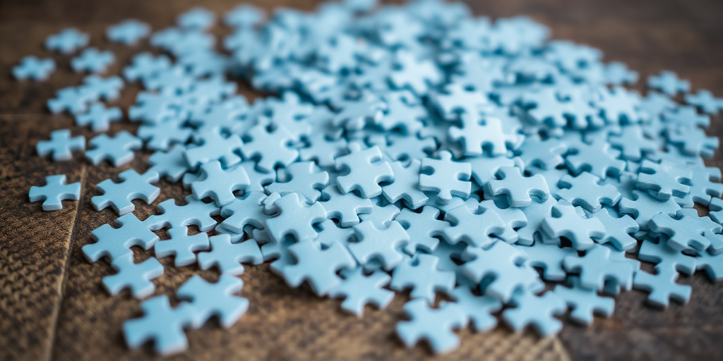 high-quality close-up of a large pile of light blue puzzle pieces scattered on a textured surface, natural soft lighting, shallow depth of field, DSLR camera, 50mm lens, aperture f/2.8, ISO 200, 1/125 sec