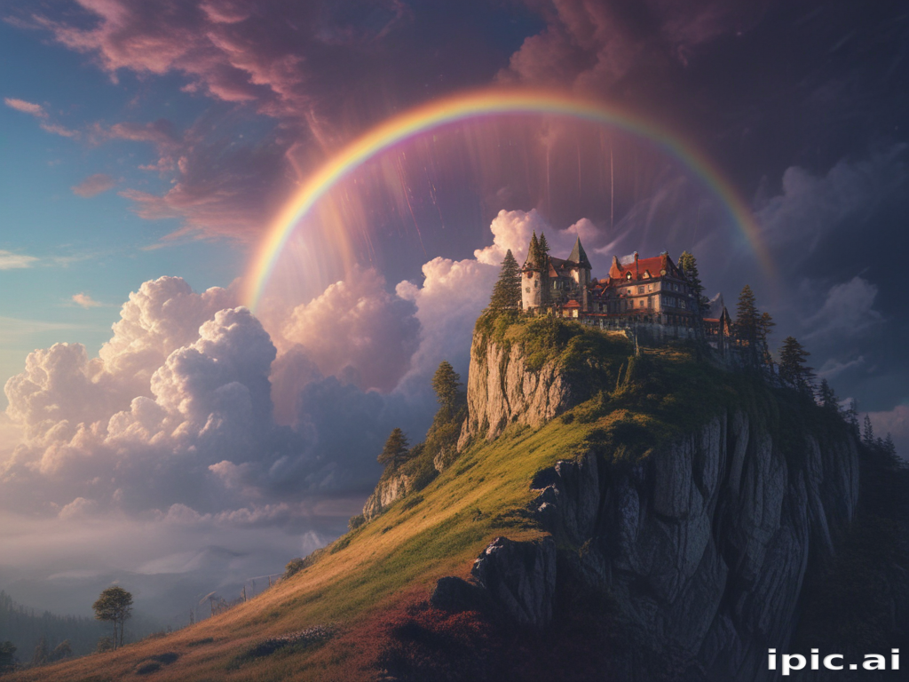 Majestic Castle on a Cliff Beneath a Vibrant Rainbow and Dramatic Sky