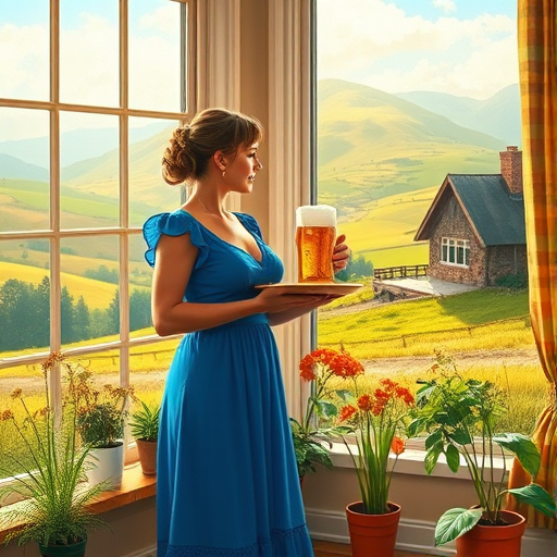 In "A Glass of Beer on the Highland," a serene scene is depicted in a sunlit room where a woman in a vibrant blue dress stands by a large window. She holds a tray with a hearty meal and a frothy glass of beer, embodying a moment of relaxation. Outside, the breathtaking highland landscape features rolling green hills and a charming traditional house, all bathed in warm afternoon light. The interior is adorned with potted plants, creating a harmonious blend of comfort and nature. The painting beautifully captures the tranquility and joy found in simple pleasures amidst stunning scenery