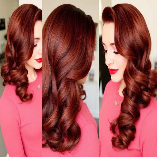 Mahogany red long layers styled in vintage pin-up curls, dubbed "Retro Glamour" look, incorporating a deep side part and glossy finger waves