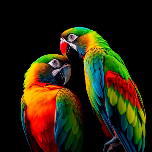 regenerate an image of two colorful parrots against a black background with vibrant neon effects, use a Canon EOS R5 with a 50mm f/1.2 lens, set ISO to 200, aperture at f/2.8, and shutter speed at 1/200 sec, focus on high contrast colors and sharp details, shot in macro mode for enhanced clarity