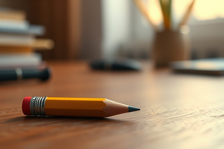 Create a hyper-realistic 3D rendering of a yellow pencil on a wooden desk with a shallow depth of field, f-stop at 2.8, ISO 100, and a focal length of 50mm, using soft diffused lighting to enhance texture and details.
