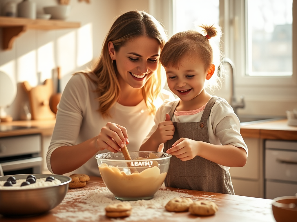 Warm, softly lit image of a mother and child baking cookies together in a cozy kitchen, flour dusting the countertops, the smell of vanilla filling the air, sunlight streaming through the window, the child's face lit up with joy as they mix the dough.