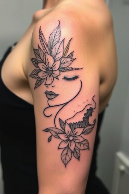 Elegant single-line tattoo named "Continuous Contour" featuring a complex design created using one unbroken line that flows and curves to form recognizable shapes and figures. The tattoo depicts a serene face merged with elements of nature, such as leaves, flowers, and waves, all seamlessly connected in a fluid, continuous motion. This style is characterized by its minimalist approach, relying on the purity of a single, uninterrupted line to convey depth, form, and emotion. The "Continuous Contour" tattoo style showcases the artist's skill in creating intricate designs with limited means, resulting in a tattoo that is both visually striking and conceptually intriguing. This style appeals to those who appreciate simplicity, elegance, and the challenge of expressing complex ideas through minimal artistic elements.