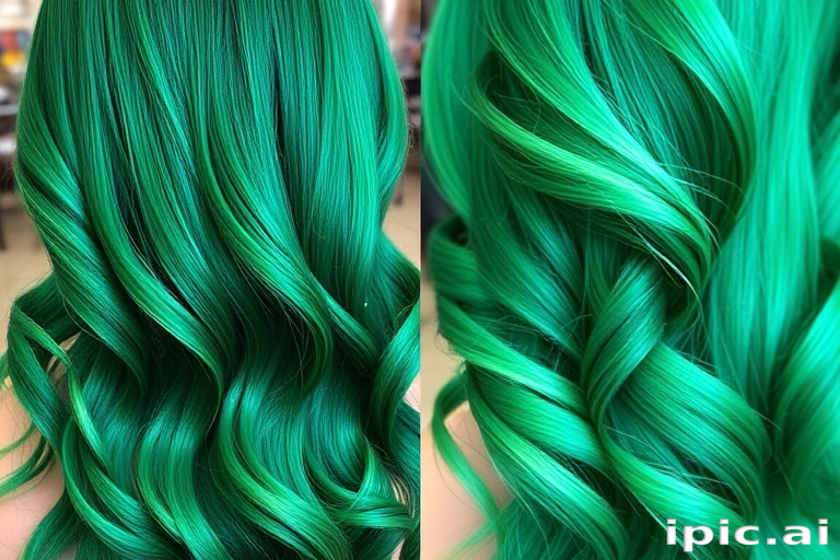 Emerald green mermaid waves expertly crafted by "Ocean's Crown" salon, showcasing long, luscious tresses with a seamless transition from deep forest green roots to vibrant seafoam tips, adorned with tiny, iridescent glitter accents that catch the light like shimmering scales.