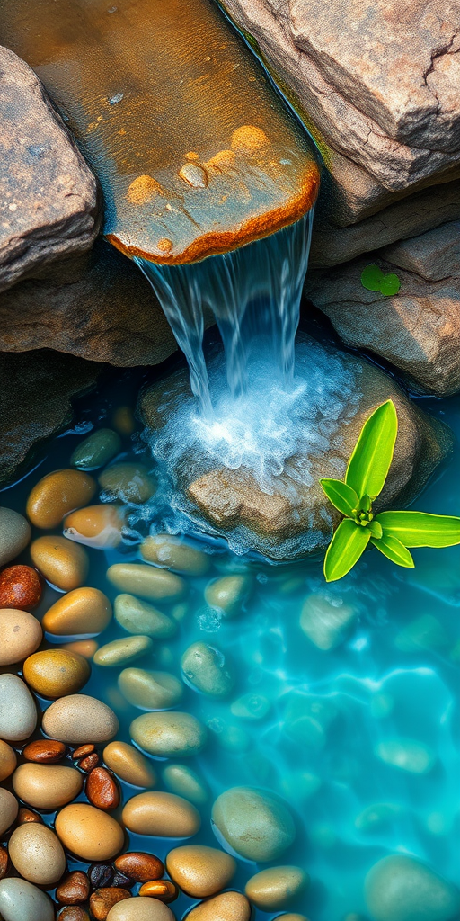 Create a high-resolution digital illustration of a small waterfall flowing over rocks into a clear blue pond surrounded by pebbles and a lush green plant, captured with a DSLR camera at f/8 aperture, 1/125s shutter speed, ISO 100, using a macro lens for detailed textures and vibrant colors.