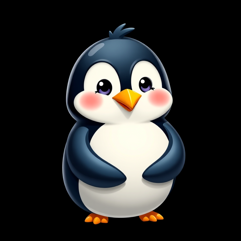 Create a high-resolution cartoon penguin character with a glossy finish, captured in sharp detail using a DSLR camera with a 50mm lens, f/1.8 aperture, ISO 100, and a softbox lighting setup for even illumination, centered in the frame against a black background.