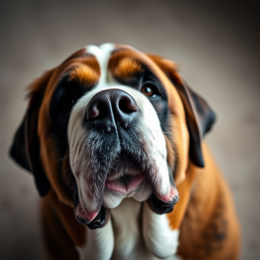 A close-up portrait of a Saint Bernard dog, soft lighting, 50mm lens, f/2.8 aperture, ISO 100, shallow depth of field, captured with a DSLR camera on a neutral background to enhance details and textures.