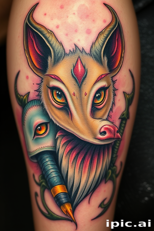 Neo-traditional color realism tattoo named "Enchanted Menagerie" featuring a collection of whimsical animal portraits with exaggerated features and fantastical elements such as glowing eyes ethereal auras and surreal color palettes blending realistic rendering techniques with stylized artistic interpretations to create a dreamlike fusion of reality and imagination that brings mythical creatures to life on the skin