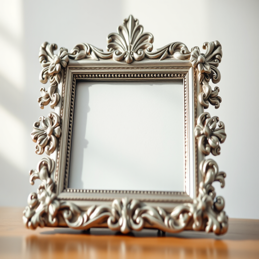 regenerate an ornate silver picture frame with intricate floral designs, soft natural lighting, macro view, high-resolution DSLR camera settings, aperture f/2.8, ISO 100, focal length 50mm, shallow depth of field, sharp focus on details