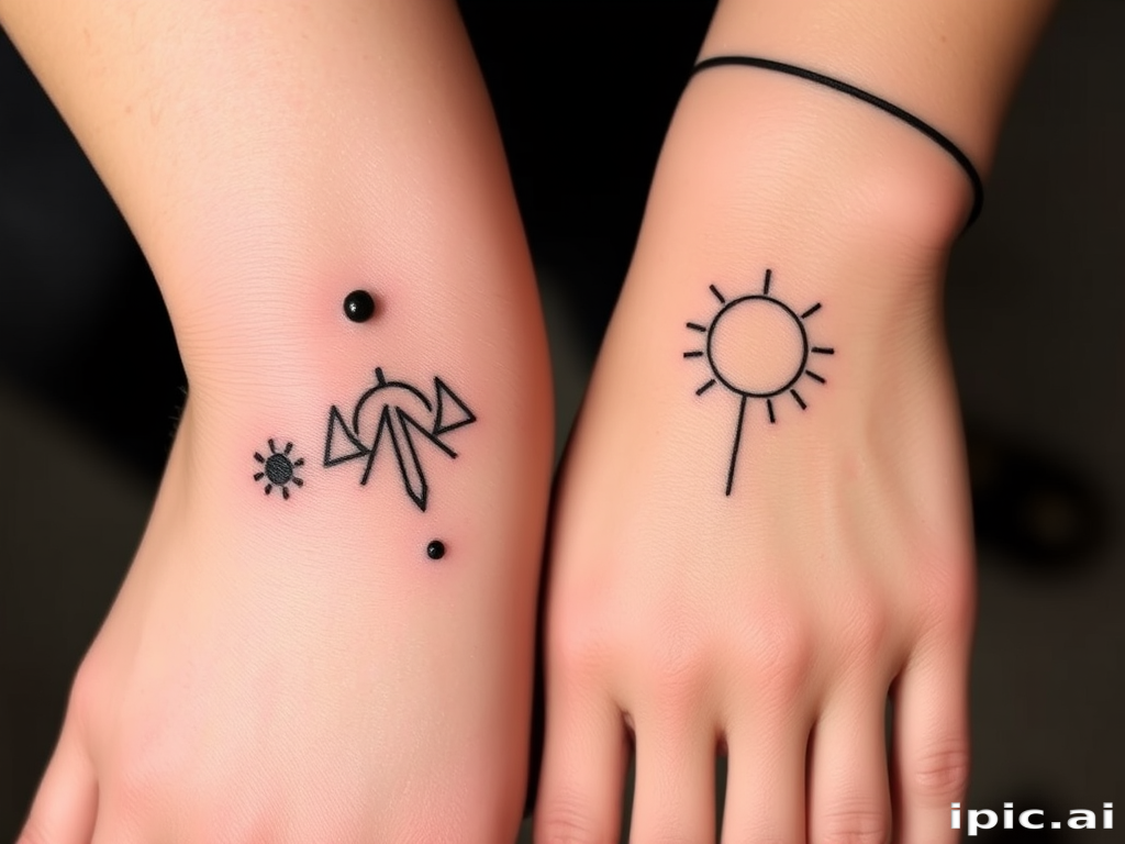 Stick and poke tattoo called "Primitive Whispers" featuring simple yet meaningful symbols and patterns created entirely with hand-poked dots, embracing imperfections for a raw, organic aesthetic