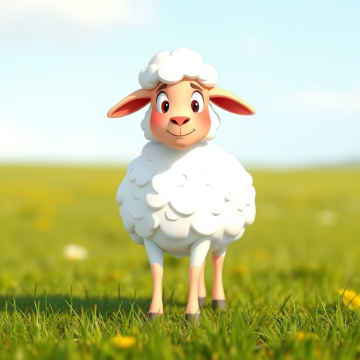 A cartoon-style sheep standing on a grassy field, shot with a Canon EOS 90D, 50mm lens, f/1.8, ISO 100, natural light, shallow depth of field, vibrant colors.