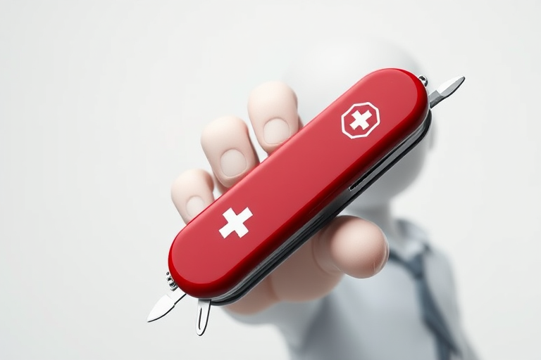 A 3D figure holding a red Swiss Army knife, white background, soft lighting, depth of field effect, camera settings: f/2.8, ISO 100, shutter speed 1/125s, camera view: eye level, camera style: realistic, camera type: DSLR.