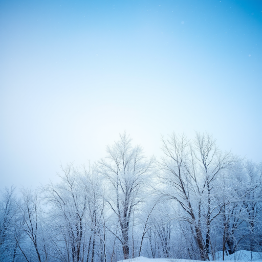 Create a serene winter landscape featuring a light blue sky with falling snowflakes, covered in soft snow with sparse, delicate trees in the foreground, captured with a DSLR camera, 50mm lens, aperture f/11, ISO 100, daylight setting, and a wide-angle view for enhanced depth and clarity.