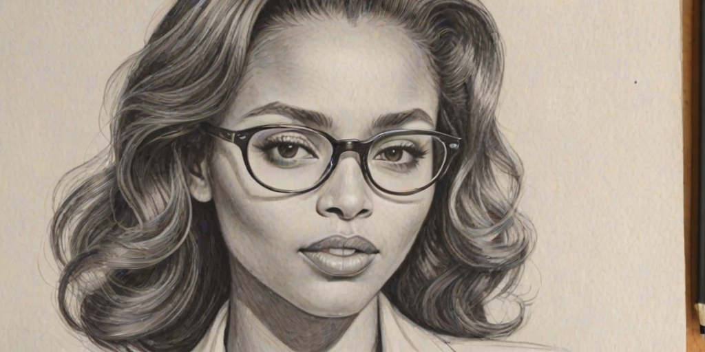 Comely Katerina Graham, pencil sketch, portrait of Resplendent woman 1941s in glasses, hair style beatnik, outline, clear lines, fine lines, 8k