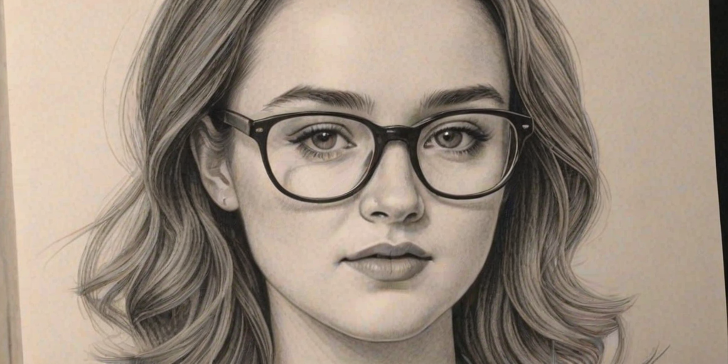 Enchanting Kaitlyn Dever, pencil sketch, portrait of Exquisite woman 1947s in glasses, hair style beatnik, outline, clear lines, fine lines, 8k