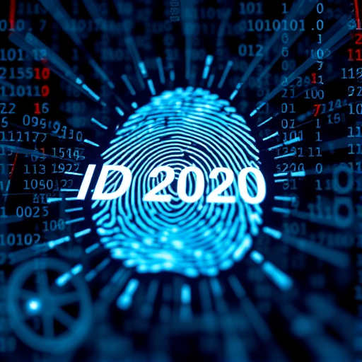 Create a digital artwork featuring a glowing fingerprint surrounded by streams of binary code, emphasizing the text "ID 2020" in a futuristic font, captured with a DSLR camera at f/1.8 aperture, ISO 100, 1/200 sec shutter speed, with a low-angle view and a macro lens to enhance image quality and depth.