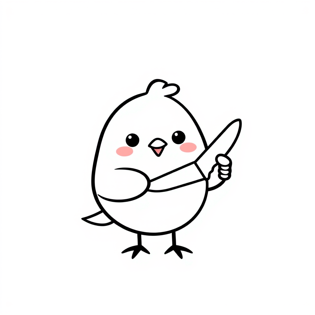 Cute cartoon bird holding a knife with a simple black outline on a white background, featuring a round body, small wings, and a cheerful expression.