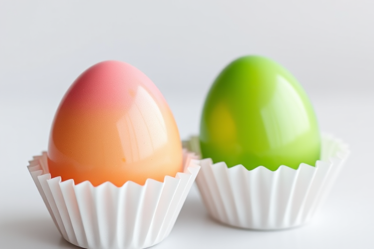 high-resolution render of two glossy colorful eggs, one pink-orange gradient and one bright green, placed in white cupcake liners, soft diffused lighting, shallow depth of field, 50mm lens, f/1.8 aperture, 1/125 sec shutter speed, ISO 100, studio setup