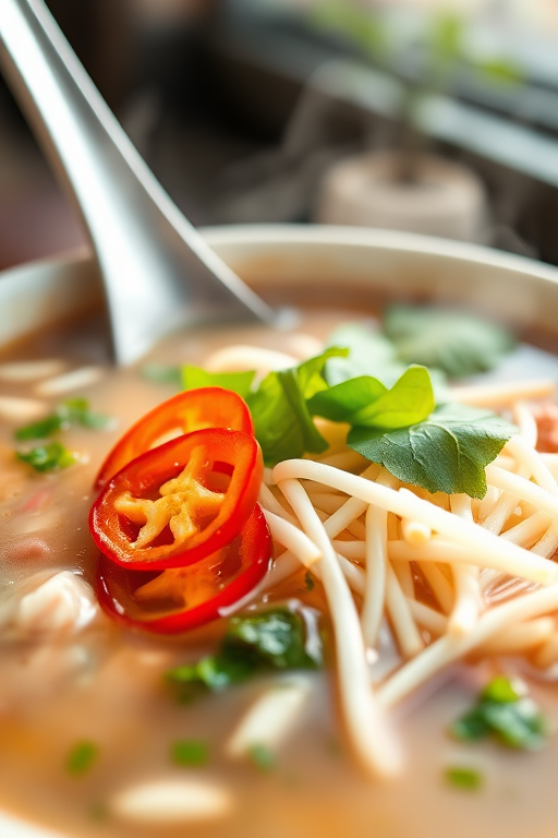 A close-up shot of a steaming bowl of pho with fresh herbs, sliced chilies, and bean sprouts, captured in natural light with a shallow depth of field, using a DSLR camera with a 50mm lens at f/1.8, ISO 200, and a shutter speed of 1/125s.