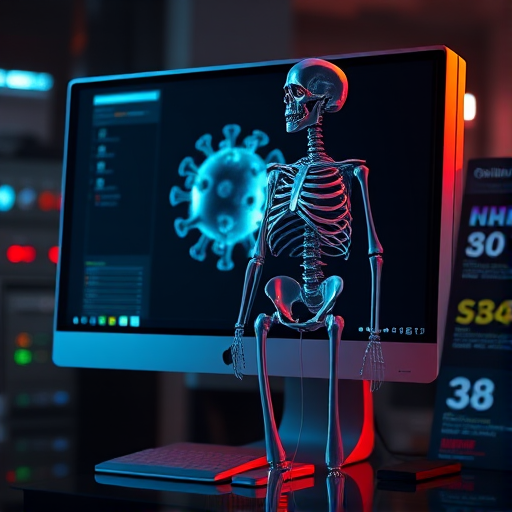 Create a high-resolution digital art piece of a transparent human skeleton standing next to a large computer monitor displaying a detailed 3D model of a virus, use a macro lens with f/2.8 aperture, 50mm focal length, 1/250 sec shutter speed, soft focus background, dramatic lighting, and a futuristic color palette.