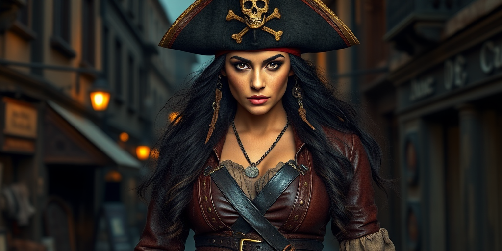 Create a portrait of a fierce female pirate. She wears a leather tricorn hat adorned with a skull and crossbones emblem, and her long, dark hair flows around her face. Her outfit consists of a richly detailed leather jacket, a corset, and multiple layers of belts and accessories, giving her a formidable and stylish appearance. She stands confidently in a dimly lit, historic port town, with a backdrop of weathered buildings and cobblestone streets, capturing the adventurous spirit of a pirate.