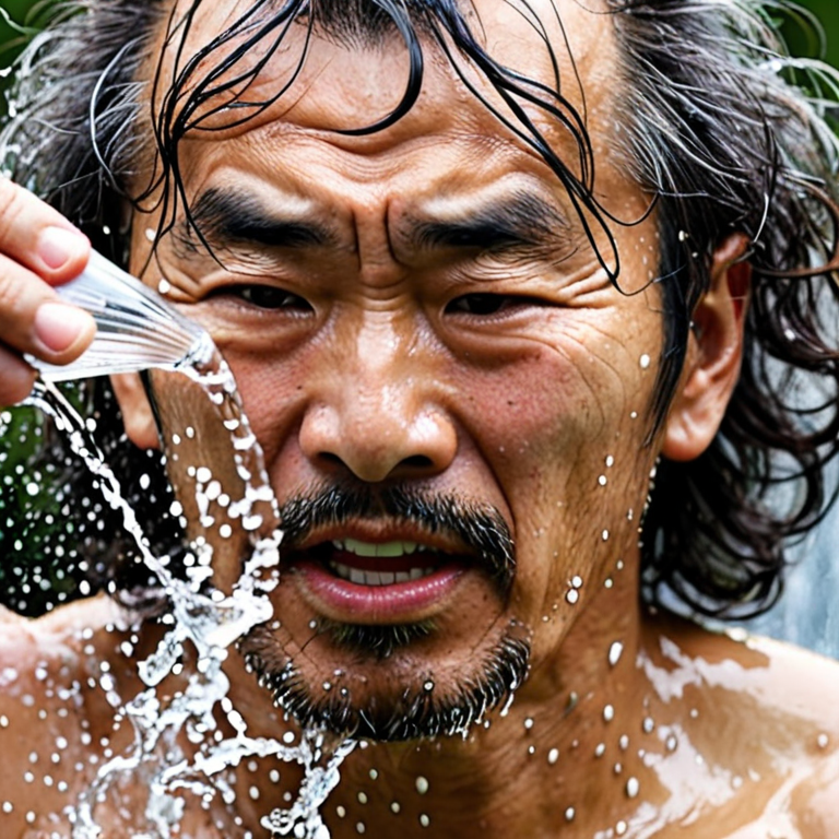 Balding Japanese man with graying very long messy curly hair getting water poured on his face with terror in his face